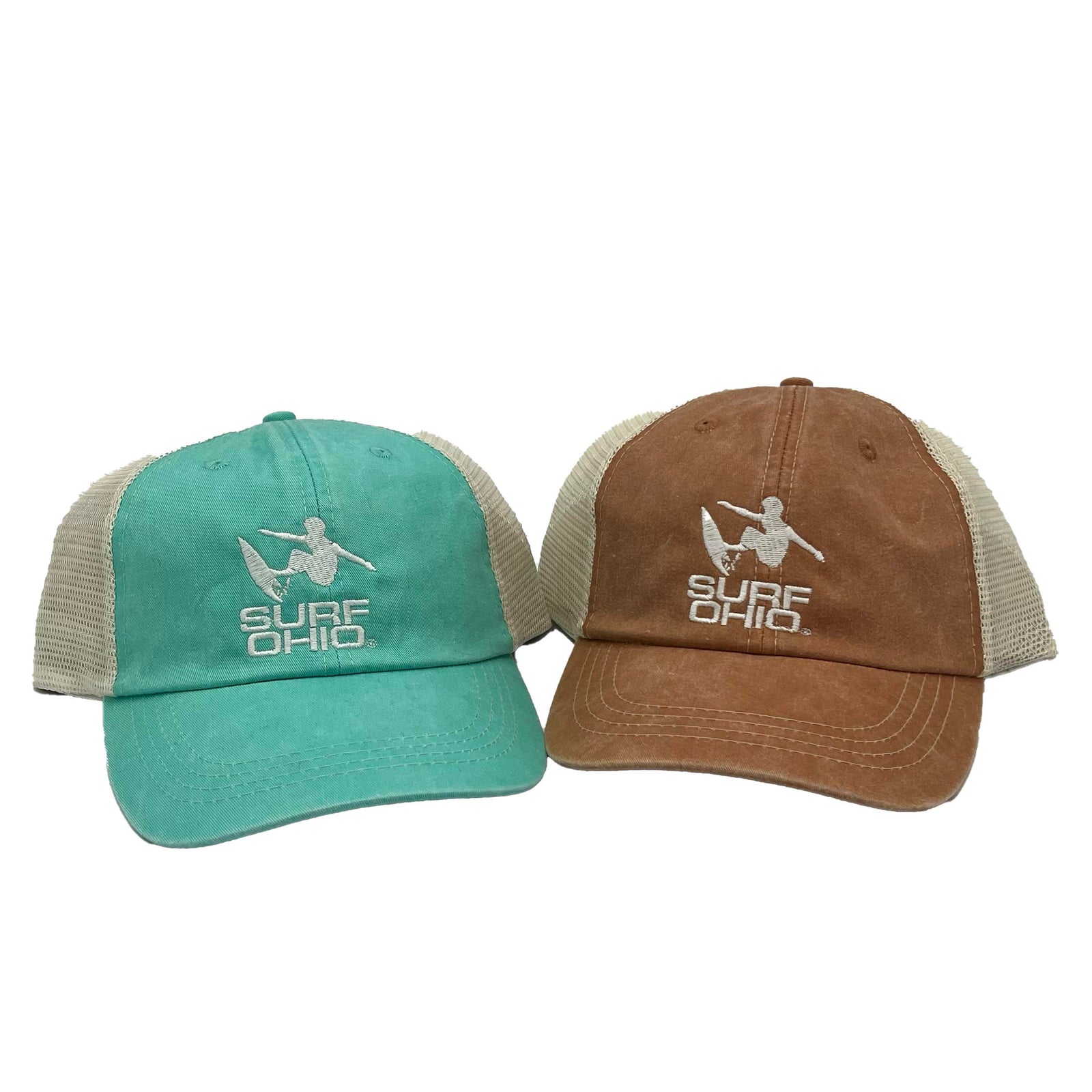 Seafoam and Terra Cotta Surf Ohio hats side by side, with curved bills, white mesh and surfer logos.