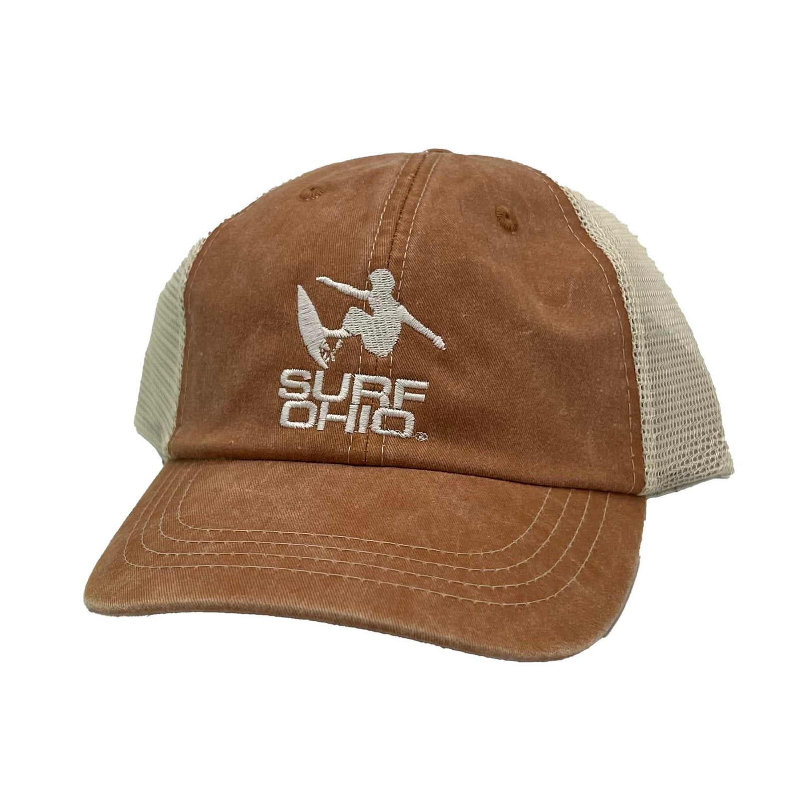 Front of the Terra Cotta Surf Ohio hat with a curved bill, white mesh and white surfer logo.