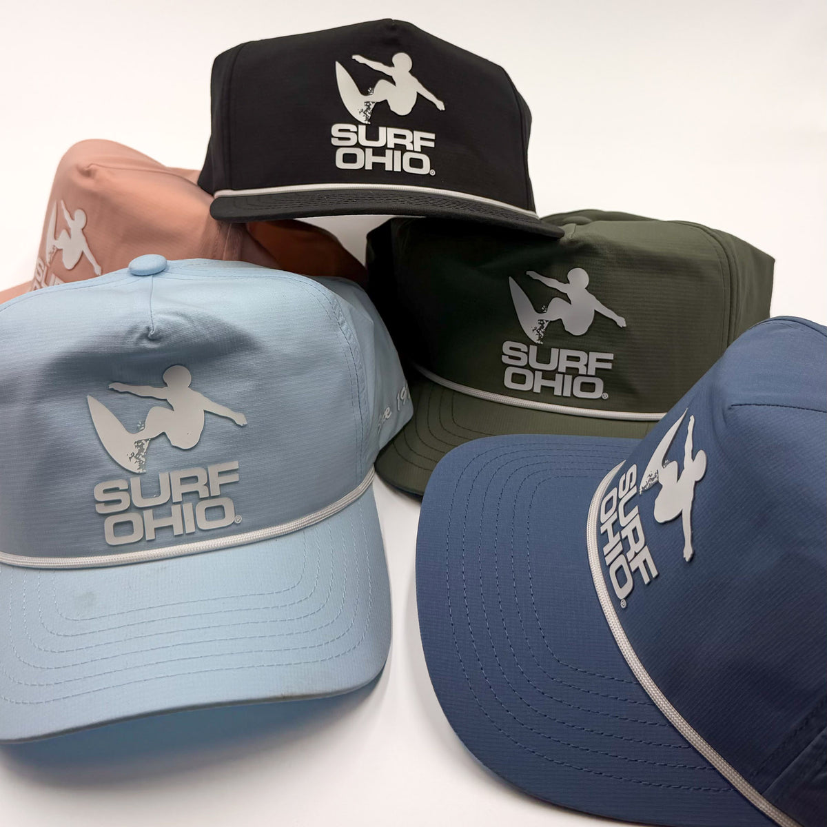 Surf Ohio Since 1978 rope hats in Black, Olive, Chambray, Slate Blue and Peach