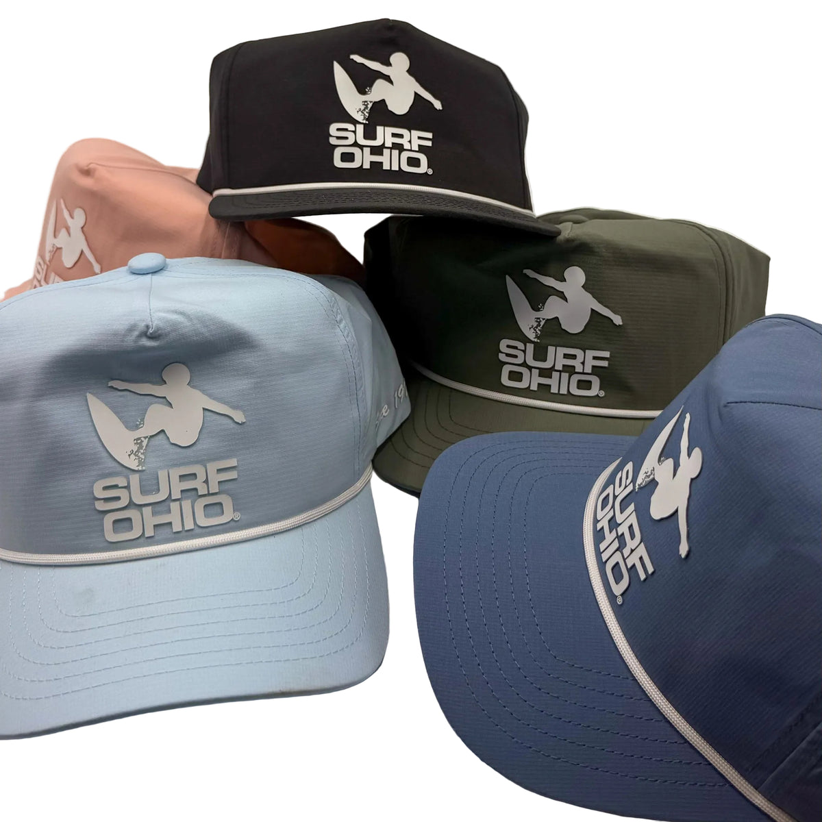 Surf Ohio Since 1978 rope hats in Black, Olive, Chambray, Slate Blue and Peach